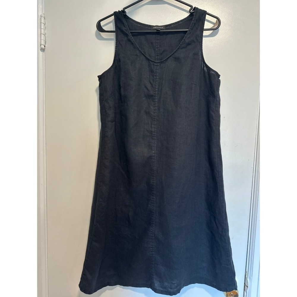 Lord & Taylor Minimalist Linen Shift Dress Sz:M Black Sleeveless 100% Linen